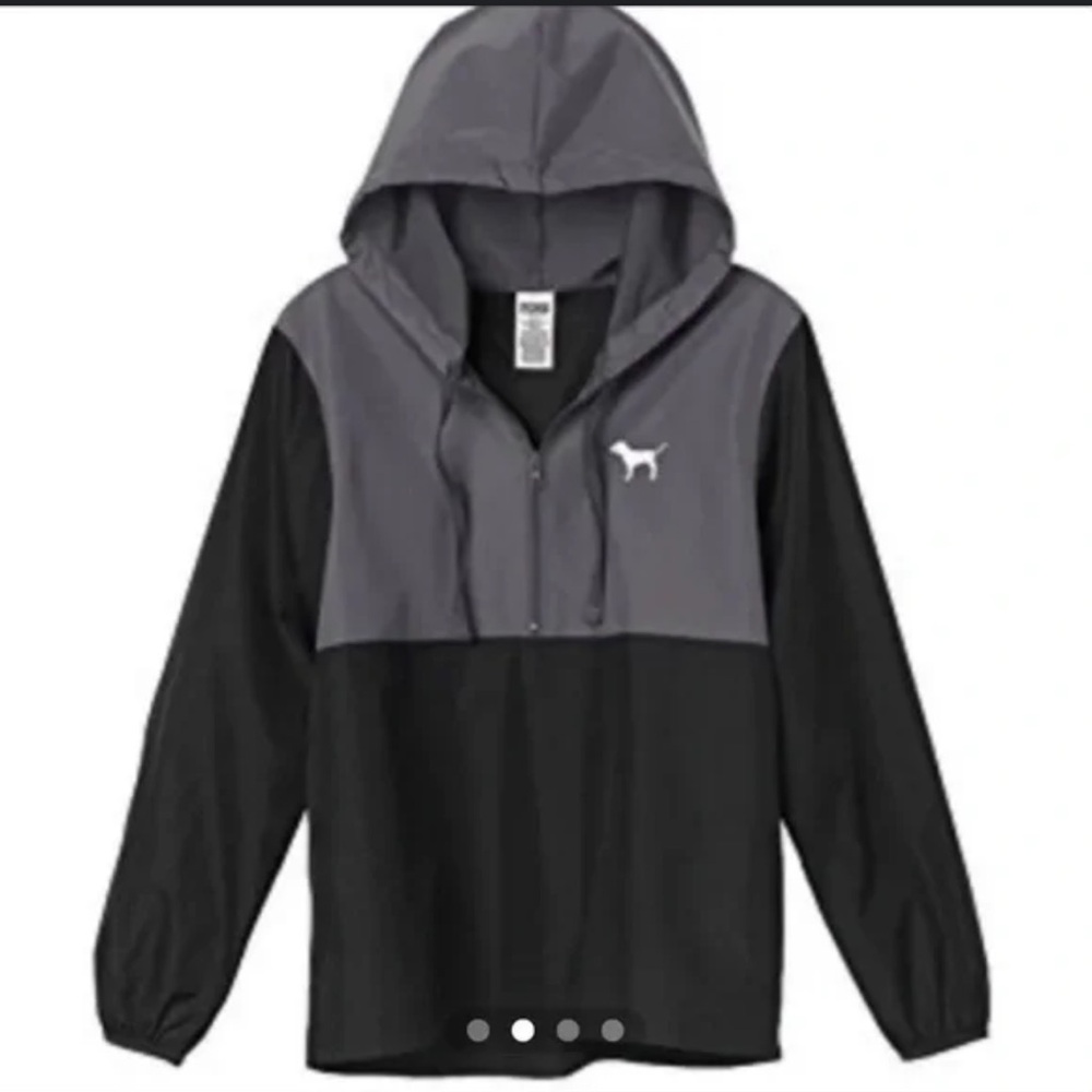 PINK Victoria’s Secret Anorak Gray Blk 1/2 zipHooded Windbreaker Dog Logo XS/S